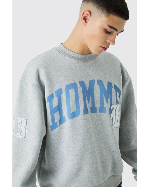 BoohooMAN Blue Oversized Boxy Extended Neck Varsity Applique Sweatshirt for men