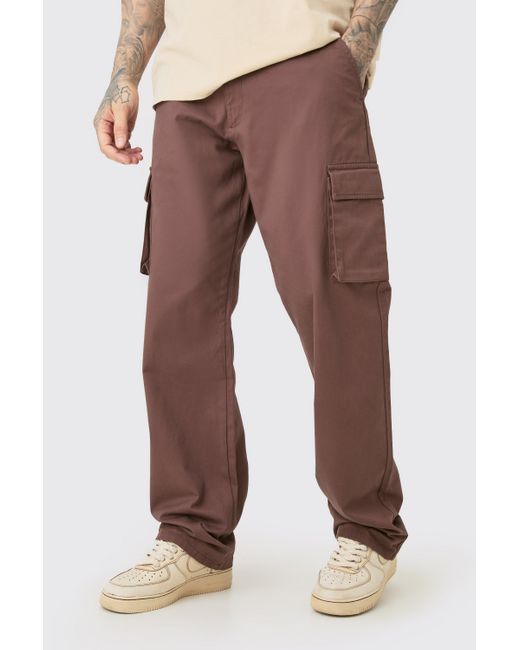 BoohooMAN Brown Tall Fixed Waist Twill Relaxed Fit Cargo Pants for men
