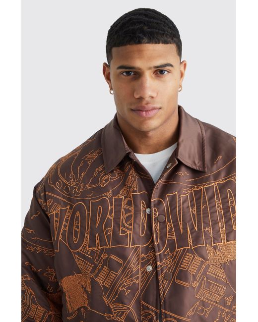 BoohooMAN Brown Boxy Nylon All Over Embroidery Bomber Jacket for men