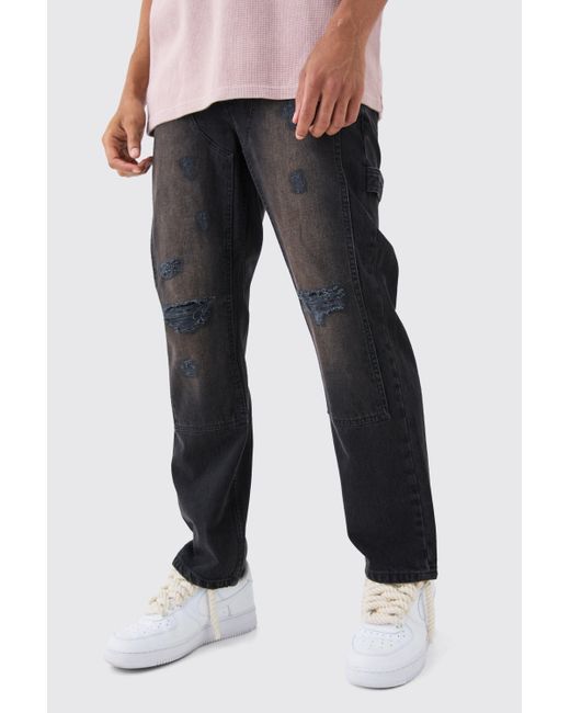 BoohooMAN Relaxed Rigid Ripped Knee Carpenter Jeans In Washed Black for men