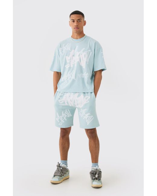 BoohooMAN Loose Fit Graffiti Printed Jersey Shorts in Blue für Herren