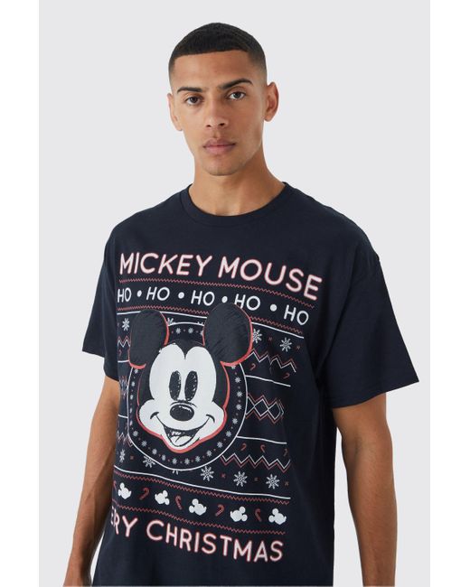 BoohooMAN Oversized Christmas Mickey Mouse Disney License T-shirt in Blue für Herren