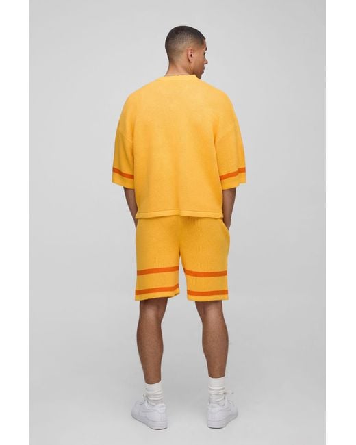 BoohooMAN Orange Ofcl Oversized Boxy V Neck Baseball Knitted T-Shirt & Short Set for men