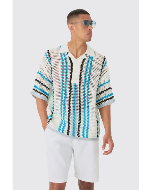 BoohooMAN Blue Oversized Open Stitch Deep Revere Stripe Knit Polo for men