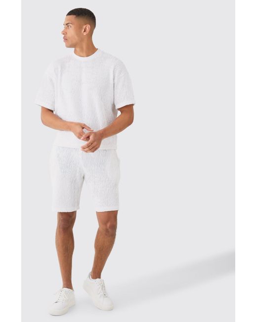 BoohooMAN White Boxy Ripple Pleated T-shirt And Short for men