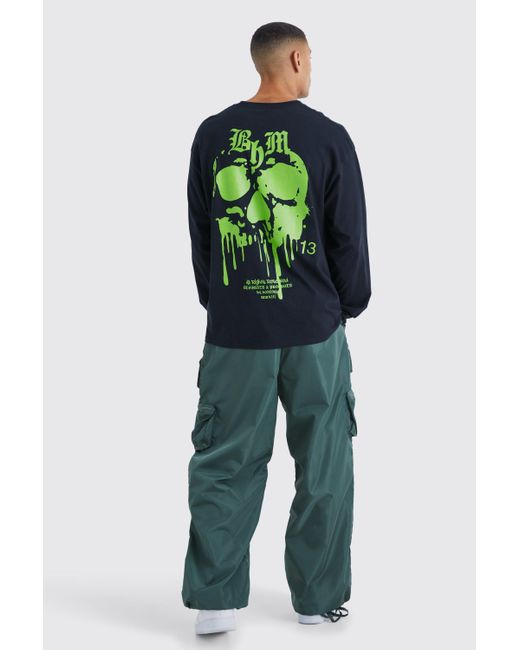 BoohooMAN Green Oversized Long Sleeve Skull Graphic T-shirt for men