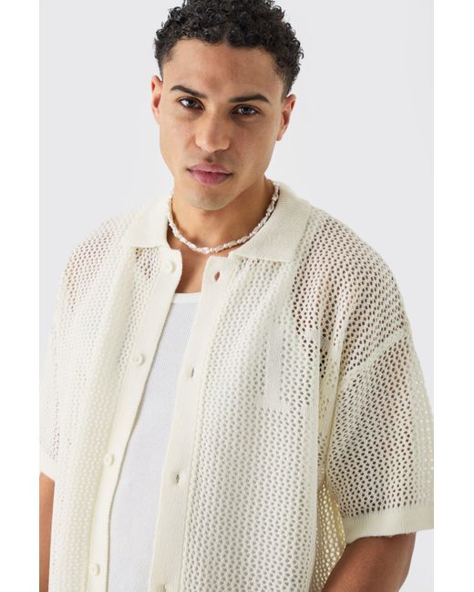 BoohooMAN White Short Sleeve Boxy Open Stitch Varsity Knit Shirt In Ecru for men
