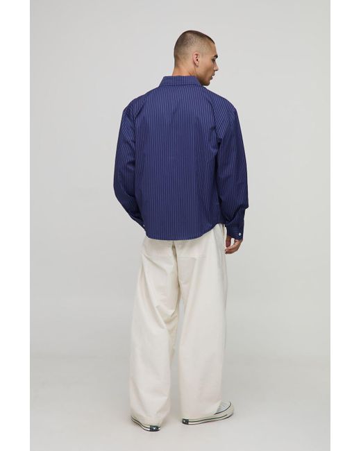 BoohooMAN Oversized Long Sleeve Striped Curved Hem Shirt in Blue für Herren