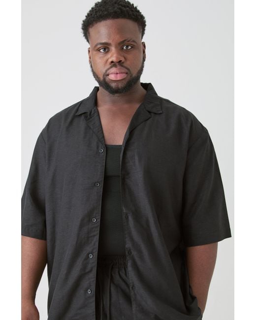 BoohooMAN Plus Linen Oversized Revere Shirt In Black for men