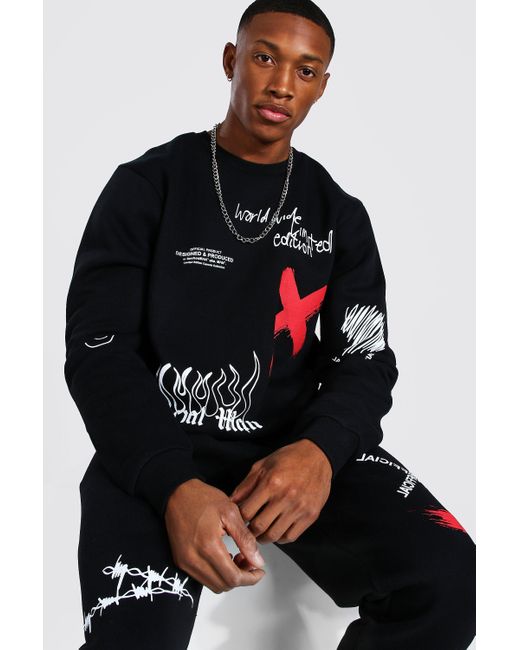 BoohooMAN Black Oversized Graffiti Sweatshirt Tracksuit for men