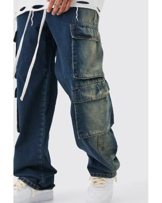 BoohooMAN Baggy Rigid Elastic Waist Acid Washed Cargo Jeans In Antique Blue for men