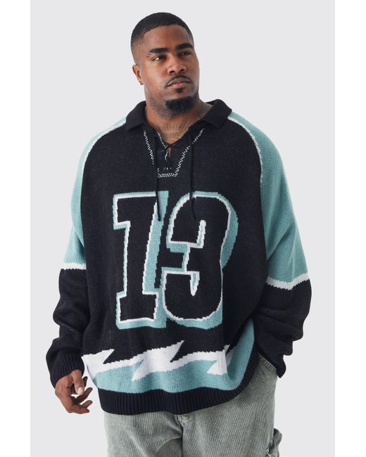 BoohooMAN Blue Plus Oversized Lace Up Hockey Jumper for men