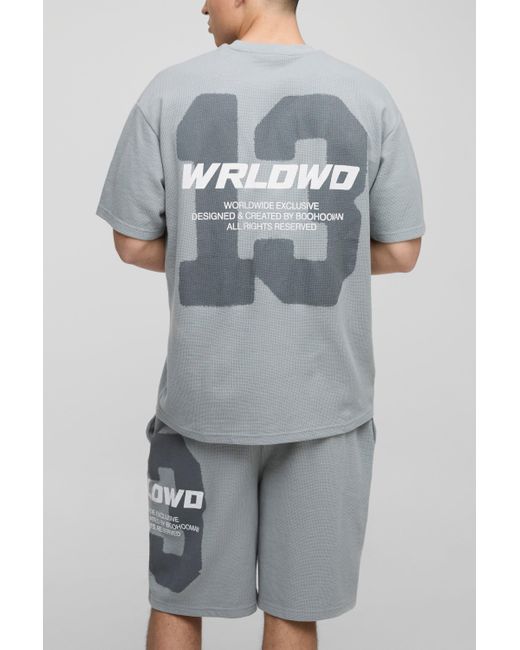 BoohooMAN Gray Oversized Waffle 13 Printed T-shirt And Short Set for men