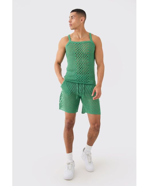 BoohooMAN Green Muscle Fit Knitted Tank Short Set for men