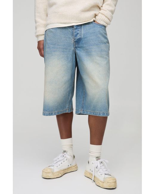 BoohooMAN Blue Longline Rigid Stonewash Denim Jorts for men