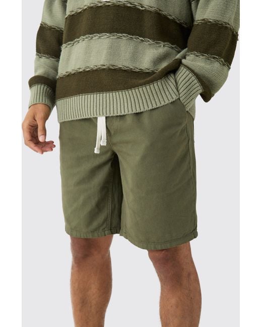 BoohooMAN Green Elastic Waist Drawcord Detail Slim Fit Shorts In Khaki for men
