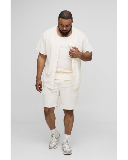 BoohooMAN Plus Baseball-Hemd & Shorts in Waffeloptik in Natural für Herren