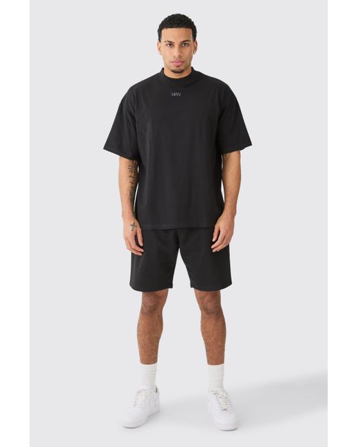 BoohooMAN Man Oversized Extended Neck T-shirt And Relaxed Short Set in Black für Herren