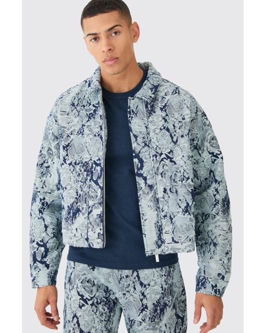 BoohooMAN Boxy Fit Fabric Interest Distressed Denim Jacket in Blue für Herren