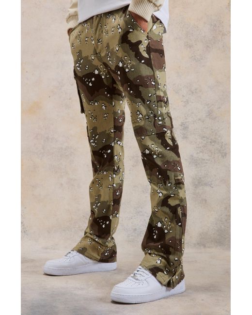 BoohooMAN Natural Slim Zip Flare Gusset Multi Cargo Camo Pants for men