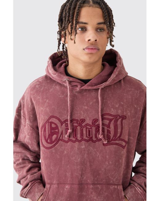 BoohooMAN Oversized Boxy Faux Layer Acid Wash Ofcl Embroidered Hoodie for men
