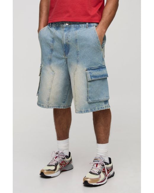 BoohooMAN Men's Blue Regular Fit Washed Cargo Carpenter Denim Jorts