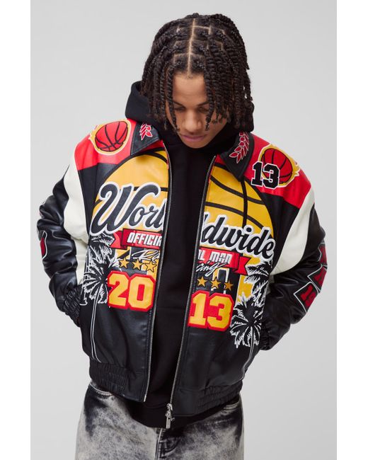 BoohooMAN Boxy Worldwide Pu Badge Varsity Jacket in Black