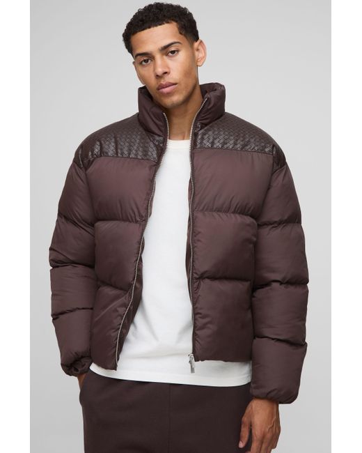 BoohooMAN Brown Regular Fit Pu Yoke Nylon Panel Puffer Jacket for men