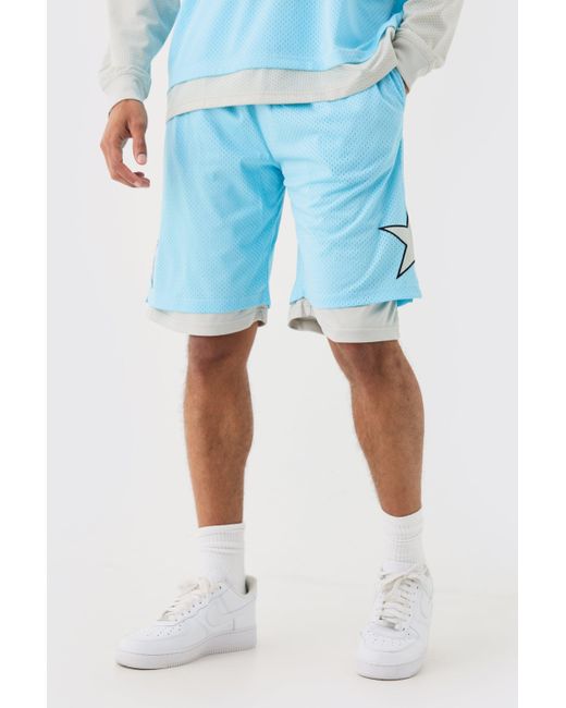 BoohooMAN Blue Loose Fit Layered Long Length Basketball Short for men