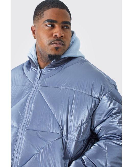 BoohooMAN Blue Plus Metallic Quilted Puffer Bomber for men
