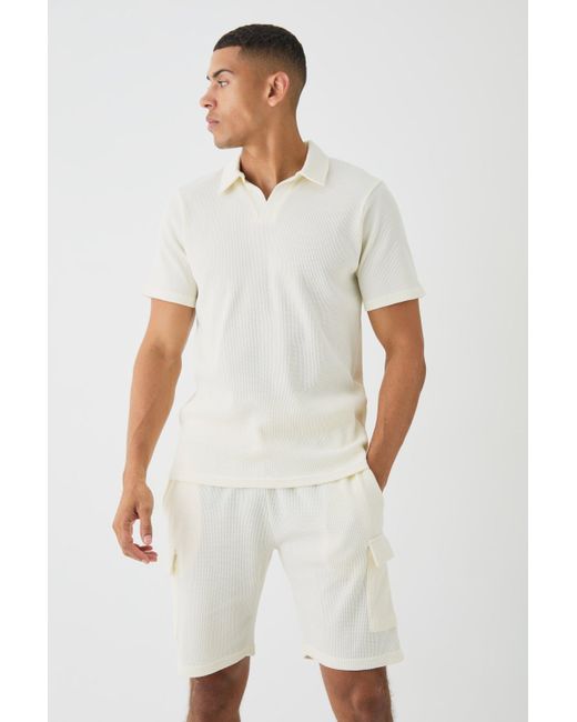 BoohooMAN White Slim Waffle Revere Polo And Cargo Shorts Set for men