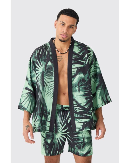 Boohoo Green Oversized Printed Kimono Shirt And Swim Short Set