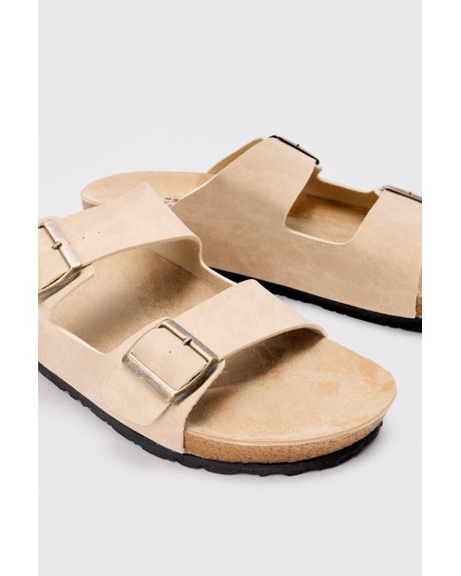 BoohooMAN Natural Faux Suede Double Buckle Sandals In Taupe for men