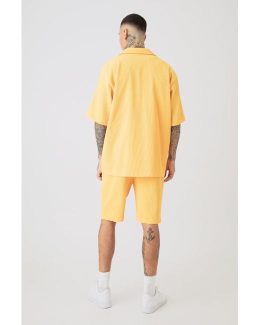 BoohooMAN Tall Oversized Pleated Shirt & Short Set In Yellow for men