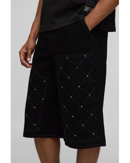 Embellished Carpenter Rigid Denim Longline Jorts Boohoo de color Black