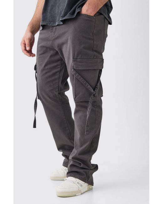 BoohooMAN Black Plus Fixed Waist Slim Stacked Flare Strap Cargo Pants for men