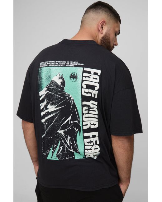 BoohooMAN Black Plus Oversized Batman Acid Wash Print T-shirt for men
