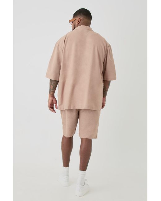 BoohooMAN Plus Elasticated Waist Linen Comfort Shorts In Taupe in Natural für Herren