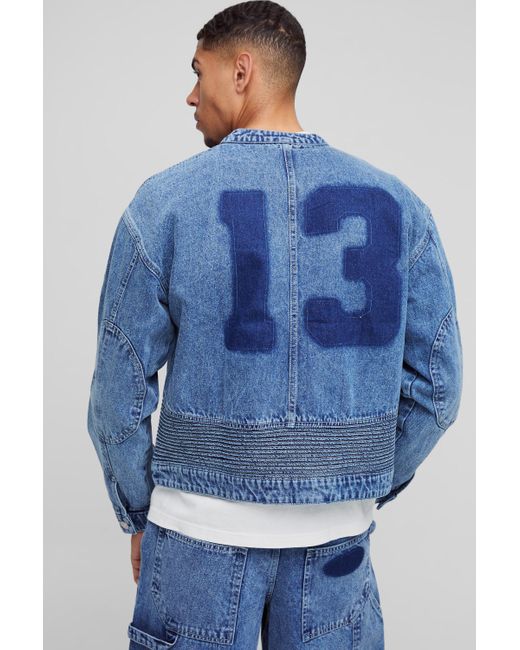 BoohooMAN Blue Denim Varsity Boxy Biker Eyelet Detail Jacket for men