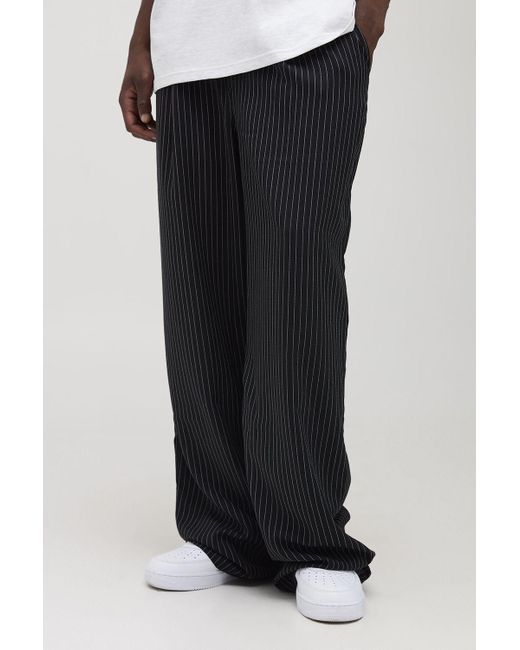 BoohooMAN Men's Black Tall Pleat Front Wide Leg Pinstripe Pants