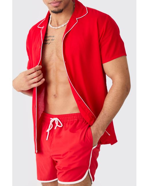 BoohooMAN Red Short Sleeve Plain Piping Shirt & Swim Set for men