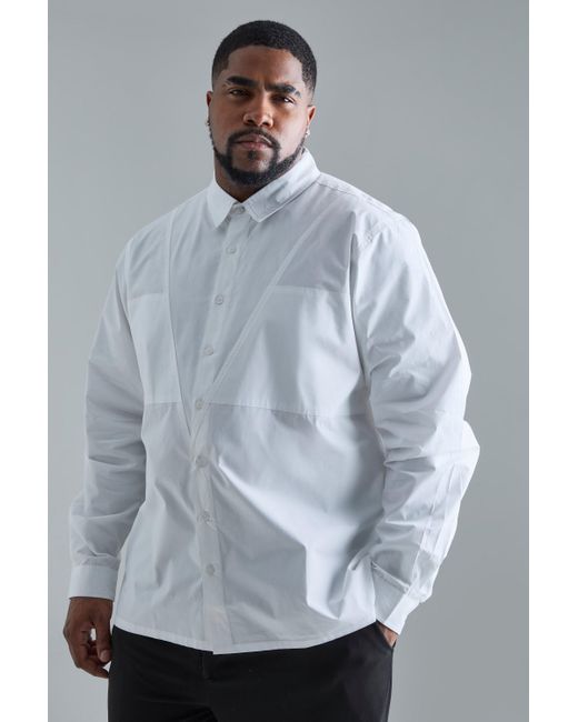 BoohooMAN Plus Longsleeve Drop Revere Poplin Panel Shirt in Gray für Herren