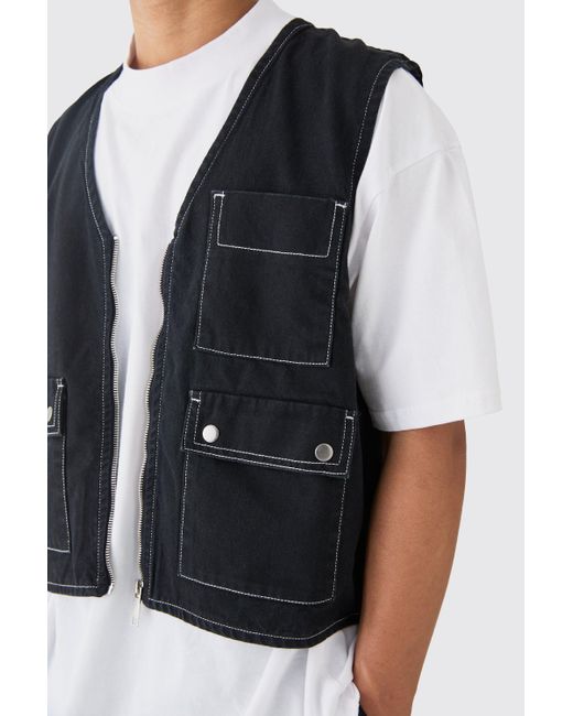 BoohooMAN Contrast Stitch Twill Utility Vest In Black in Blue für Herren