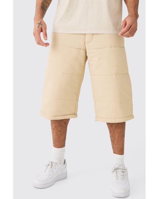 BoohooMAN Natural Elastic Waist Quilted Zip Off Wide Leg Pants for men