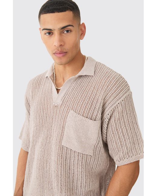BoohooMAN Natural Oversized Boxy Open Stitch Polo With Pocket In Stone for men