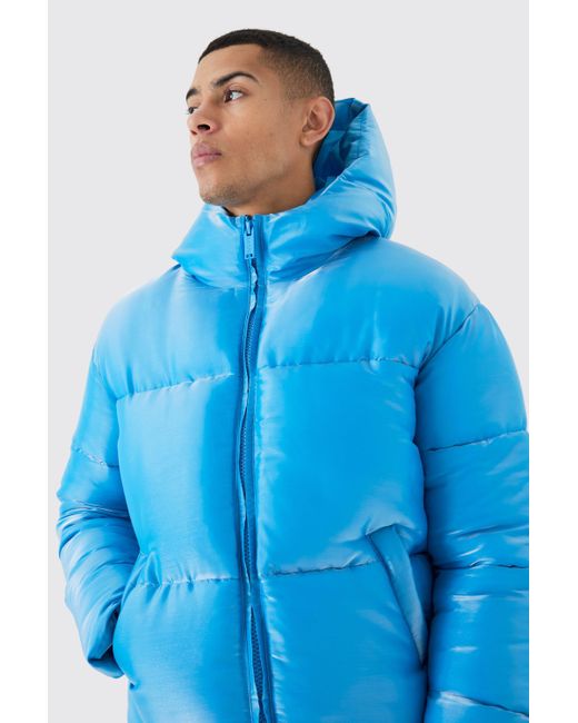 BoohooMAN Blue Liquid Metallic Nylon Puffer Jacket for men