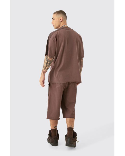 BoohooMAN Brown Oversized Bhm Applique T-shirt & Carpenter Jort Set for men