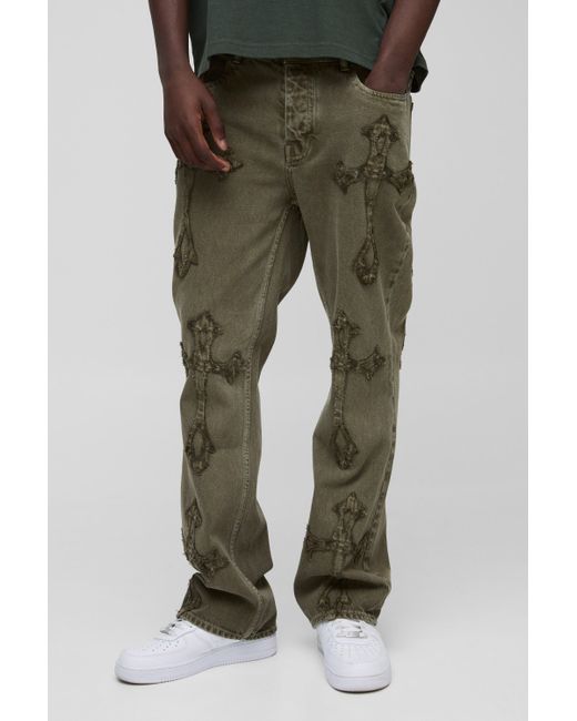 BoohooMAN Green Slim Flared Khaki Wash Cross Applique Gusset Jeans for men