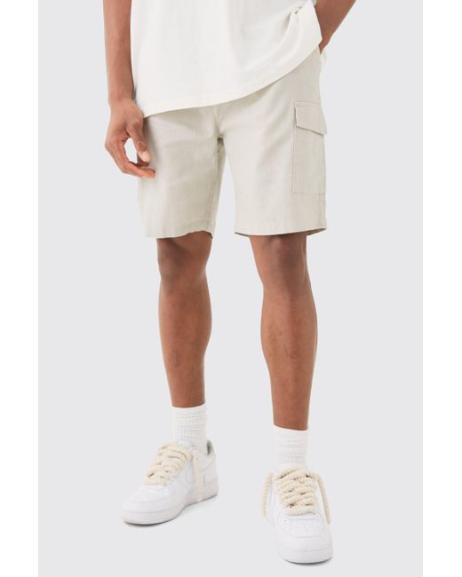 Linen Elastic Waist Cargo Shorts Boohoo de color Natural