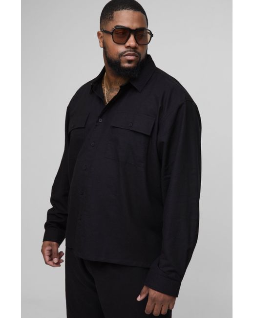 BoohooMAN Blue Plus Long Sleeve Linen Look Cargo Pocket Oversized Shirt Jacket for men